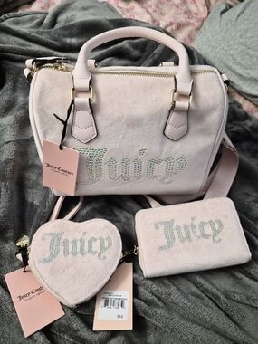 Juicy Couture Pink Rhinestone Logo Satchel with Heart & Card Pouch And Wallet